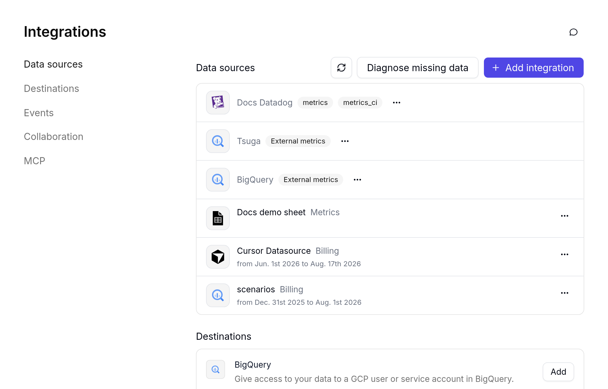 Integrations Data sources list showing Docs Datadog, Tsuga, BigQuery, a Google Sheet, and billing datasources