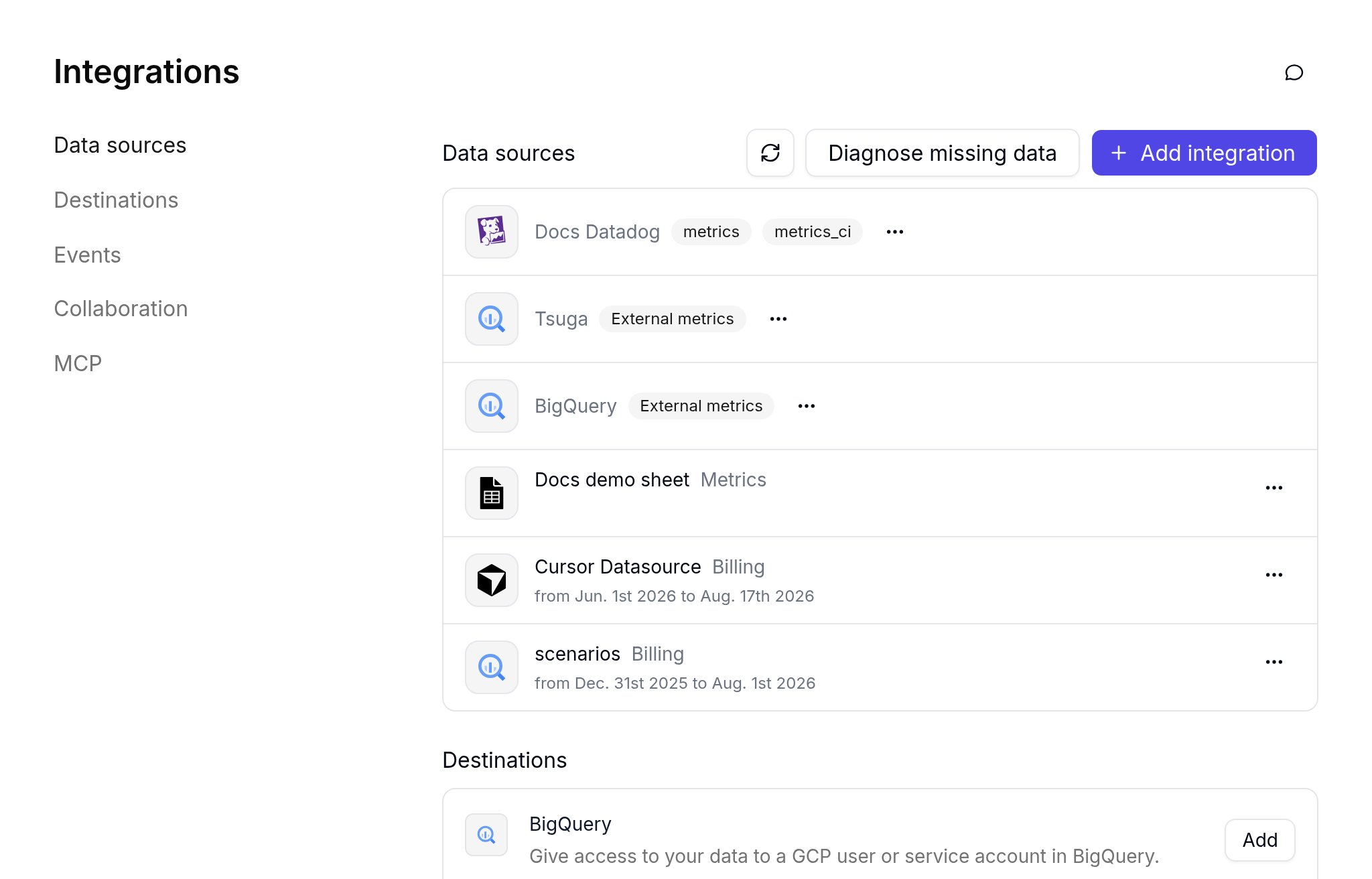 Integrations Data sources list showing Docs Datadog with metrics and metrics_ci badges