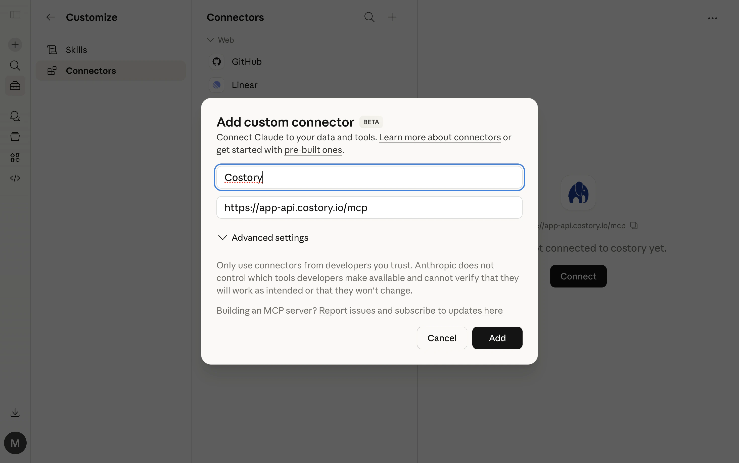 Adding Costory as a custom connector in Claude Desktop