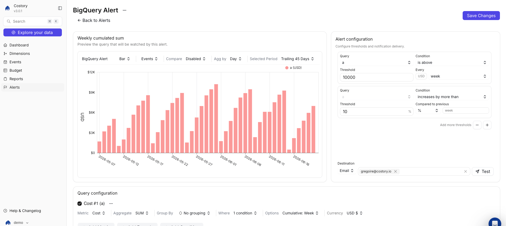 Configuring an egress cost alert in Costory
