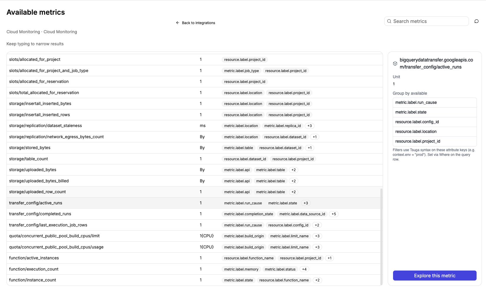 Google Cloud Monitoring metrics picker