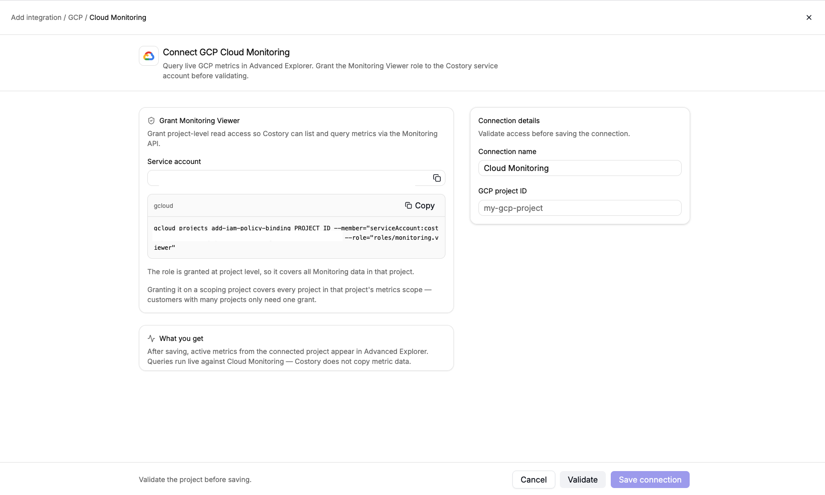 Add integration page showing Billing tiles and an External metric section with Datadog, AWS, GCP, Amplitude, Tsuga, and Google Sheets