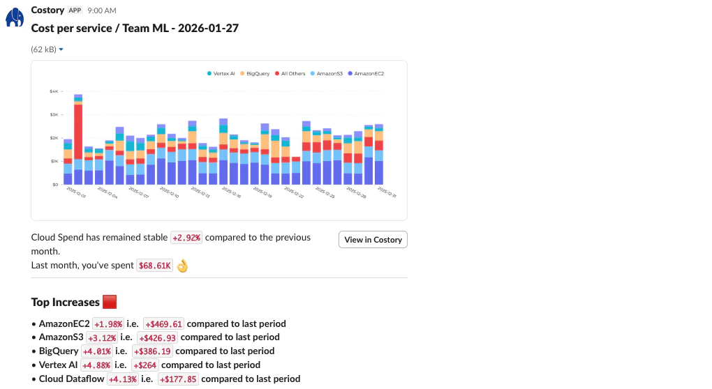 Example of weekly cost reporting message sent by Costory