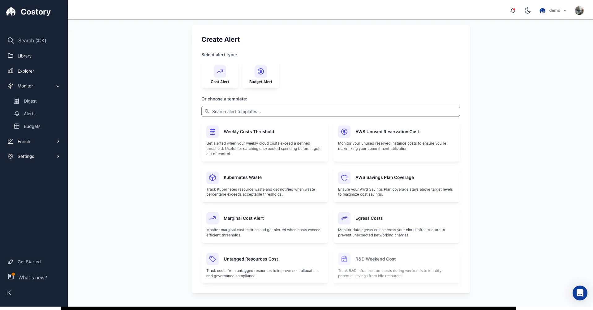 Create a new alert from a list of predefined templates