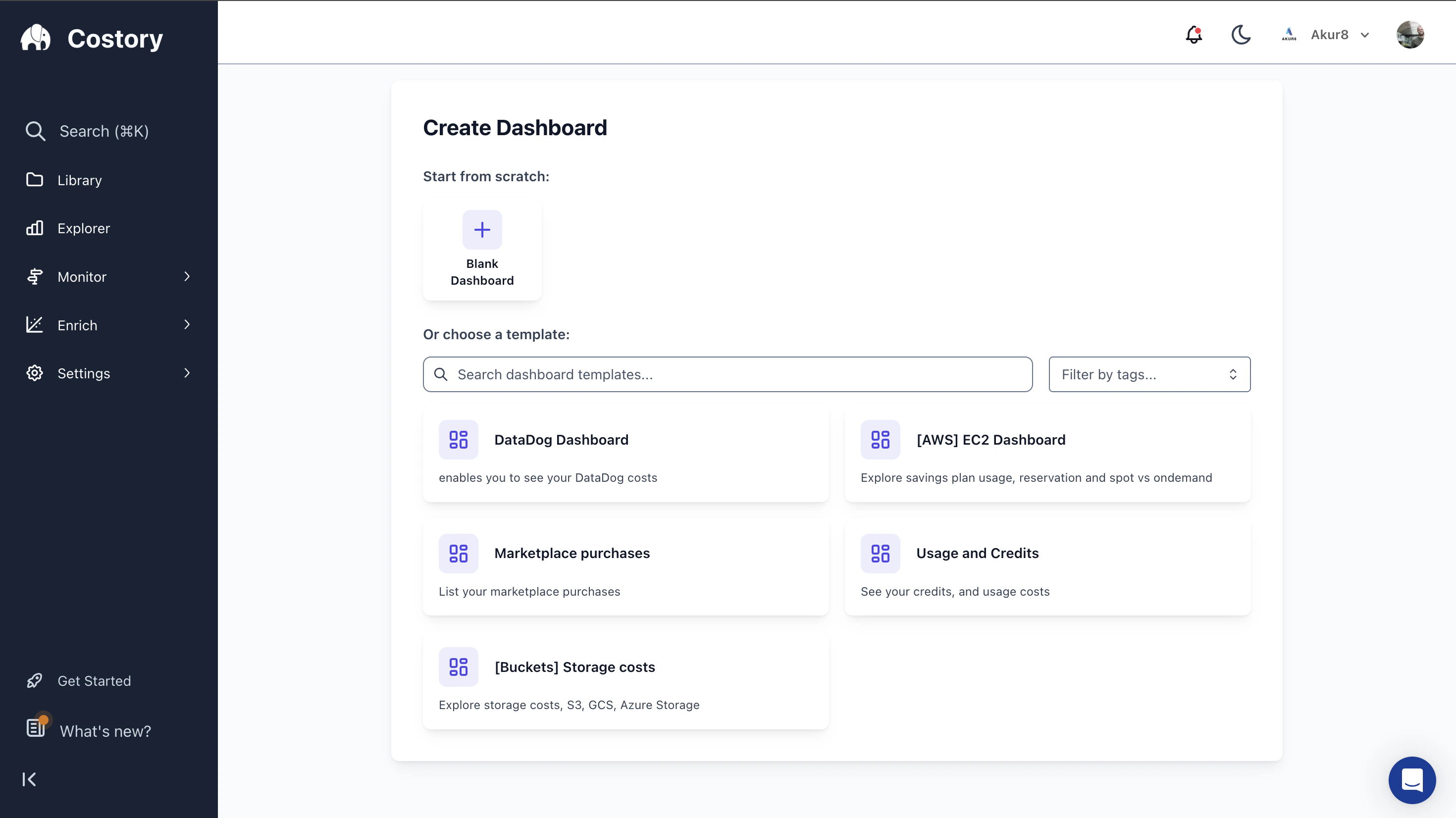 Costory dashboard template gallery showing pre-built FinOps dashboards