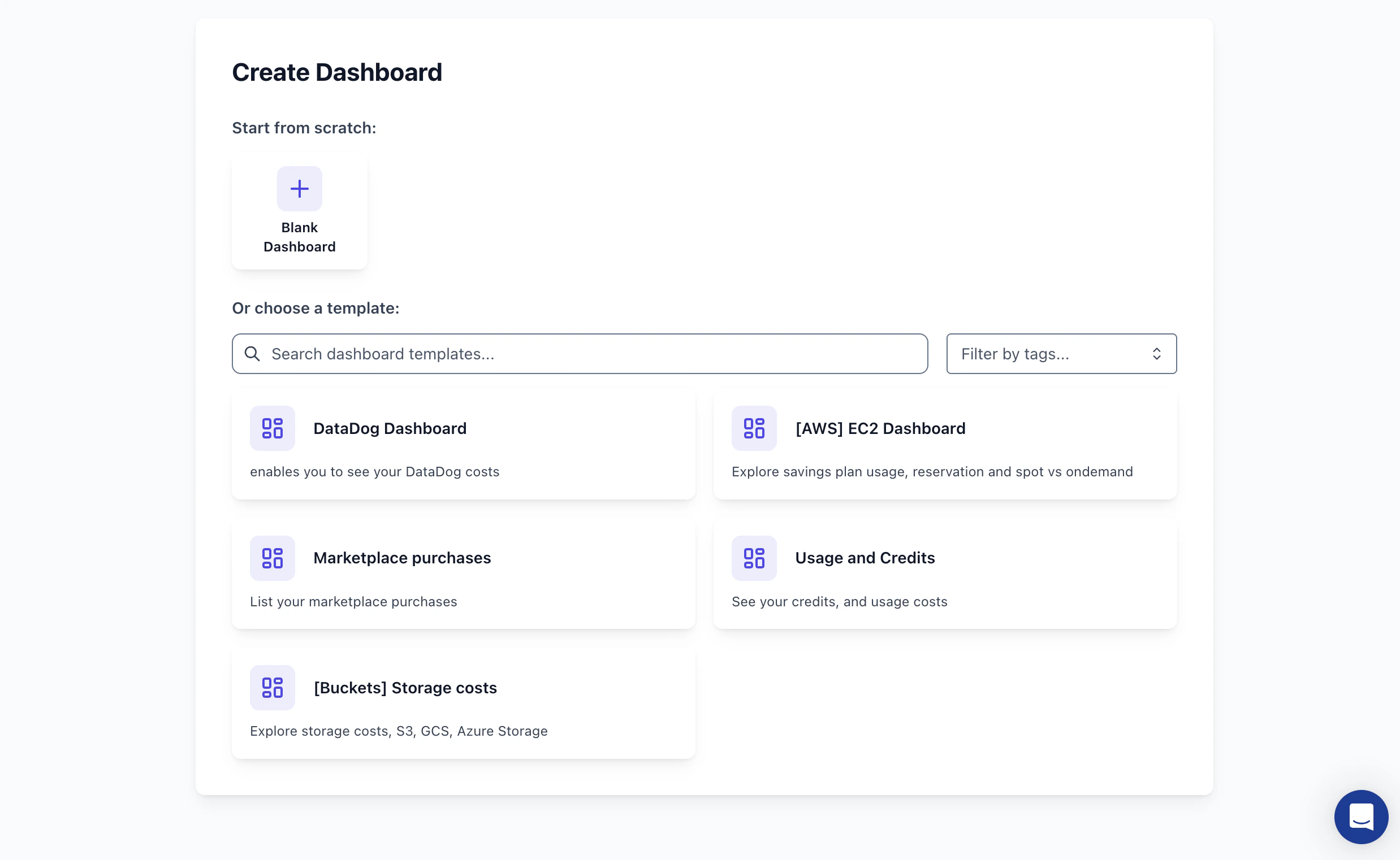 Costory dashboard list showing team-owned dashboards with descriptions and labels