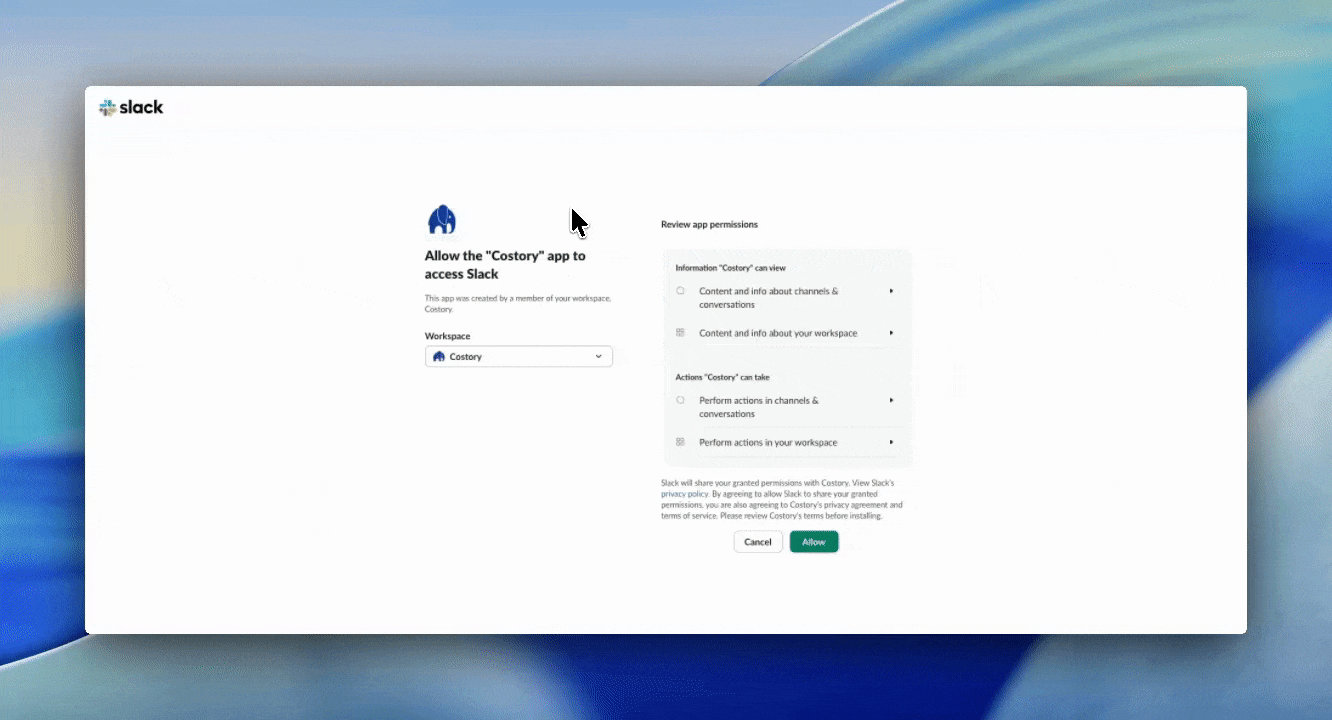 Slack authorization flow for installing the Costory app in a workspace