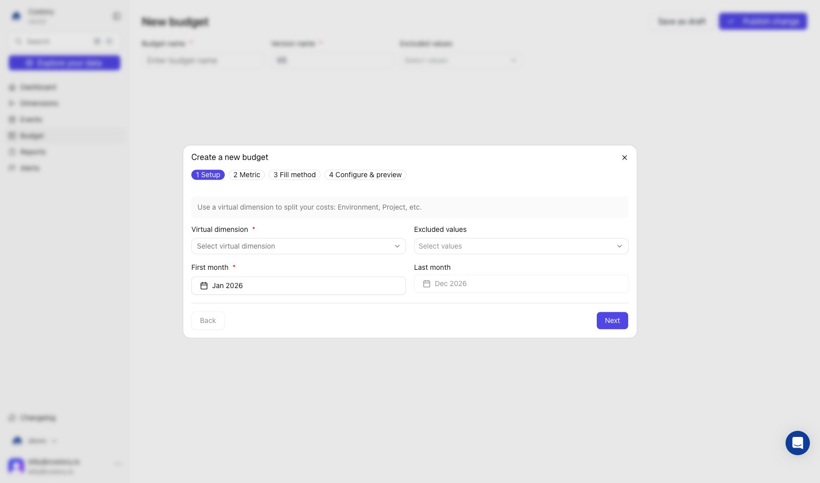 Create budget wizard on the Setup step with virtual dimension and monthly range fields