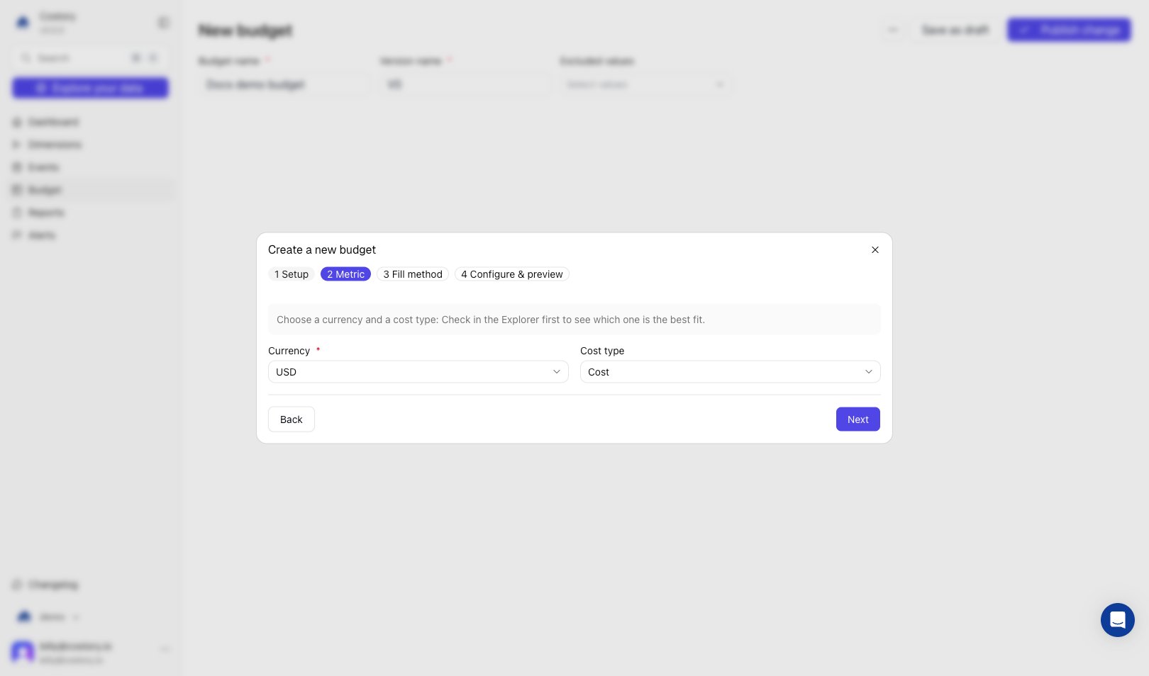Create budget wizard on the Metric step with currency and cost type dropdowns