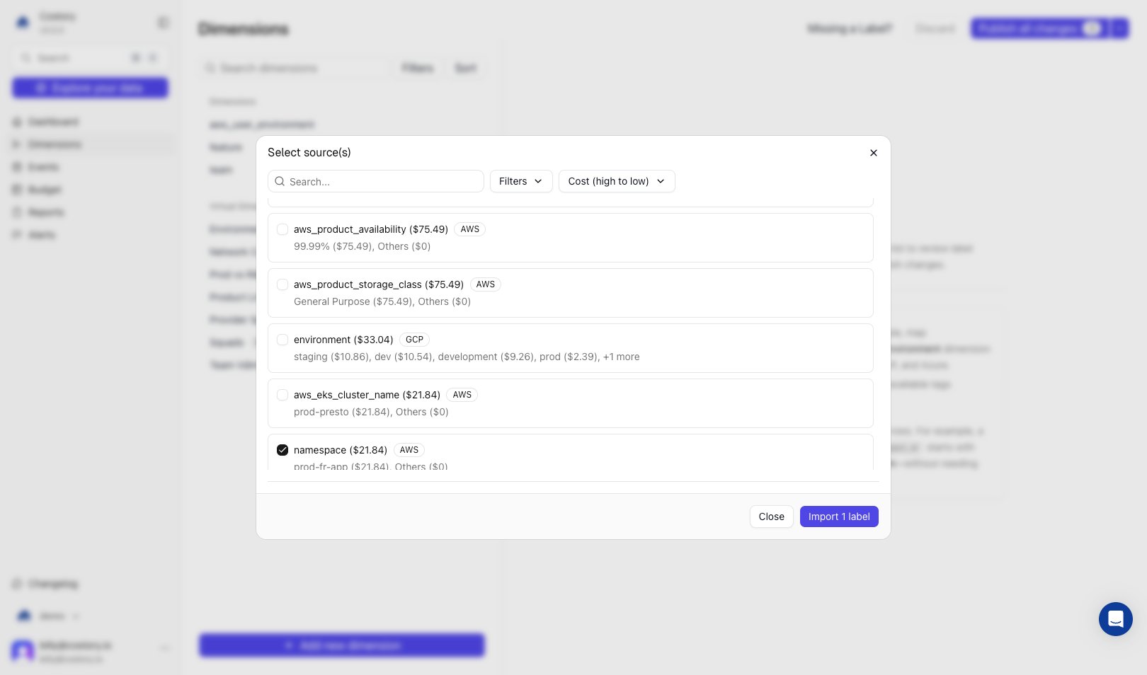 Selecting native tag and label sources to create a Costory dimension