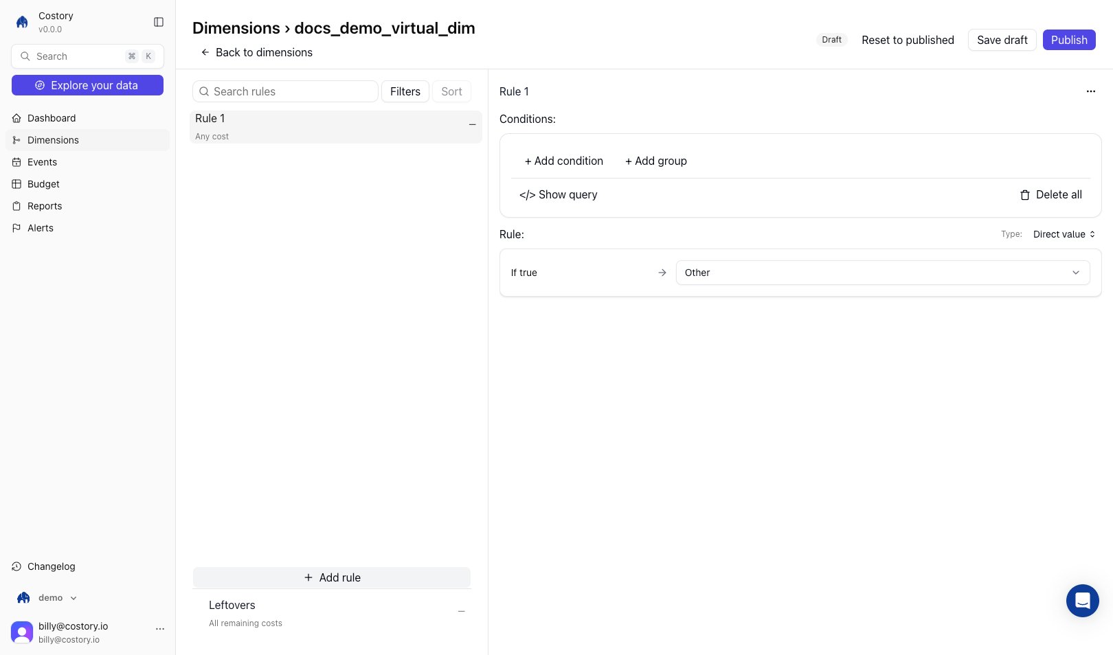 Virtual dimension rules editor with conditions and output value mapping