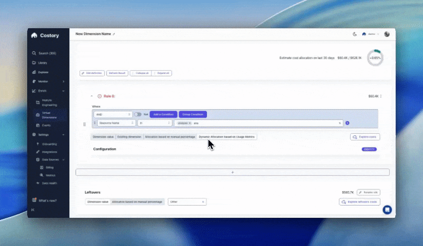 Walkthrough of creating a Virtual Dimension with dynamic allocation based on usage metrics