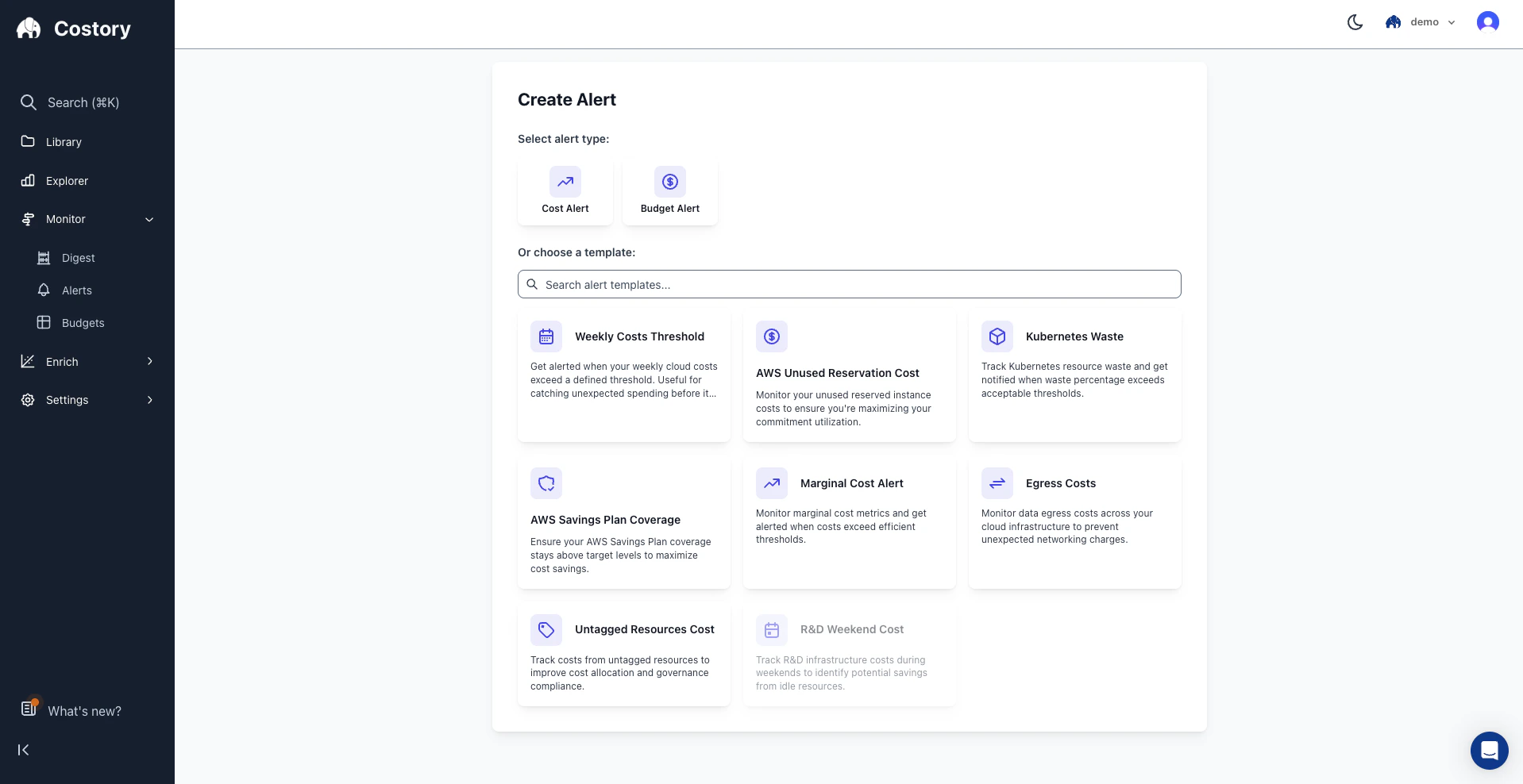 Costory provides pre-built alerts for K8S, savings plan, network costs etc...