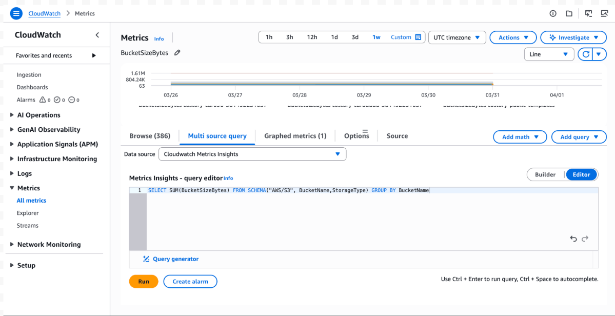CloudWatch query selecting SUM of BucketSizeBytes grouped by BucketName