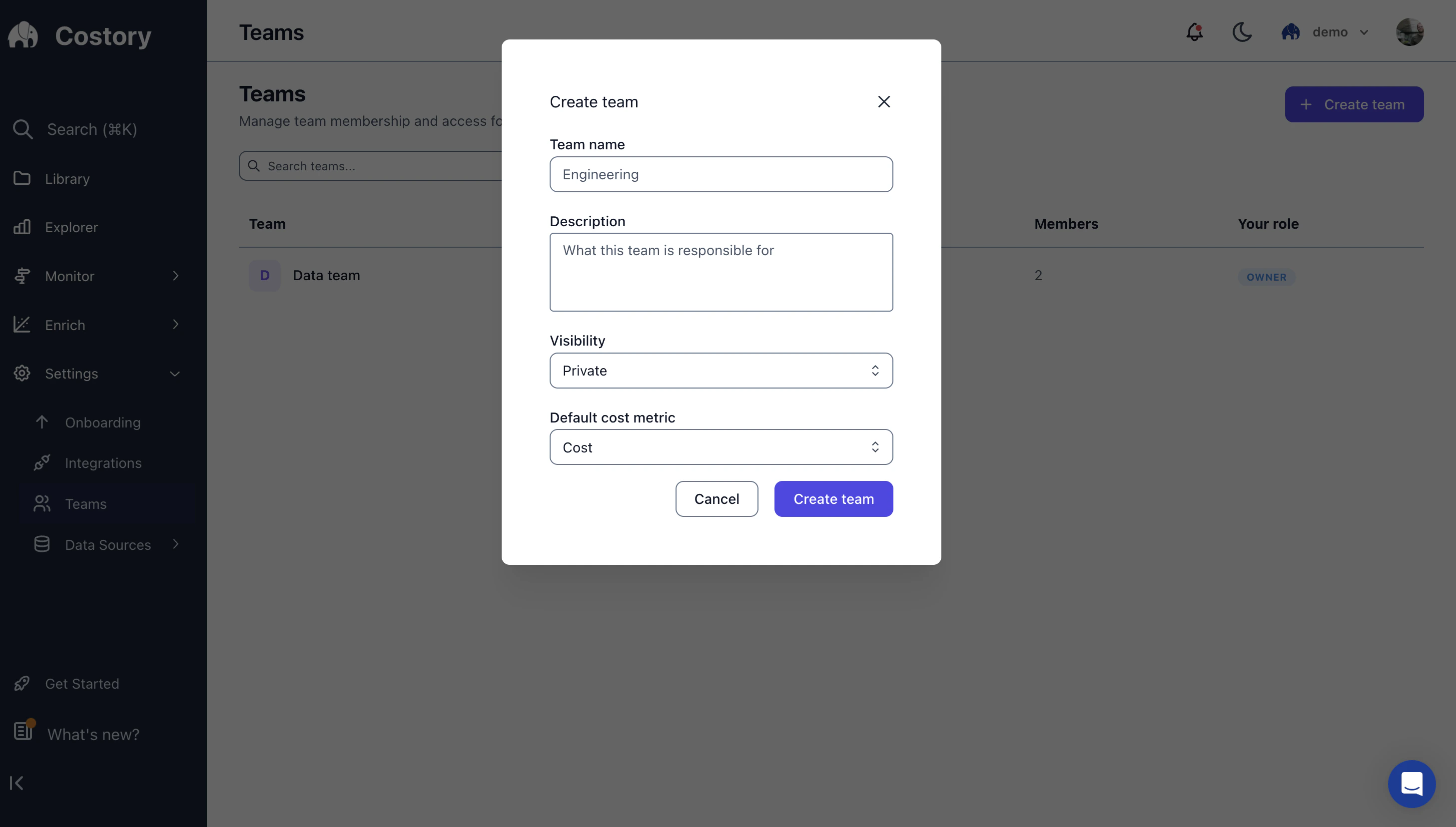 Creating a new team in Costory
