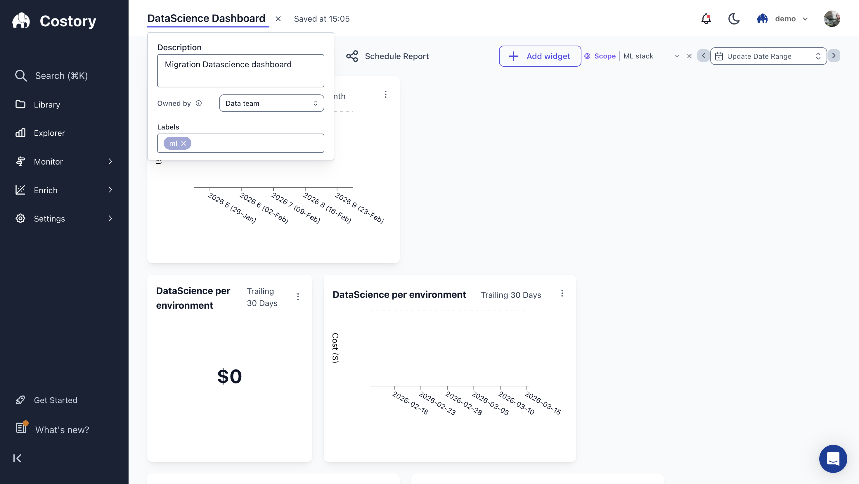 Costory dashboard owned by the Data team showing description, team ownership, labels, and the ML stack scope