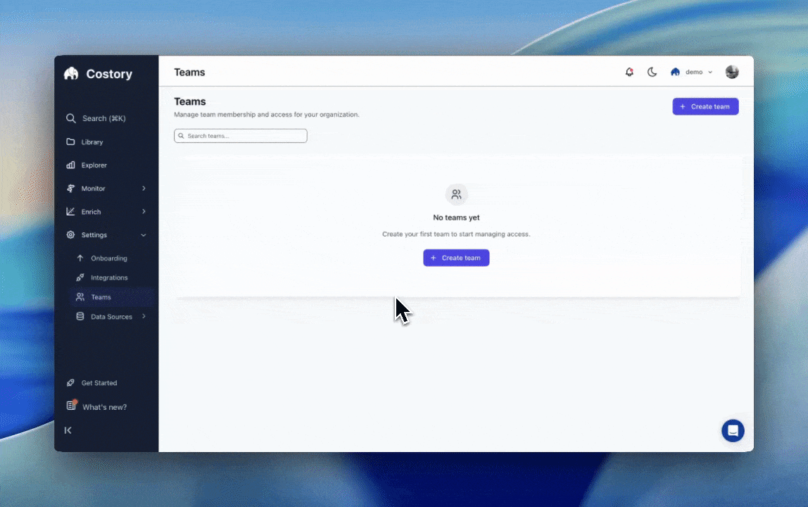 Setting up a team and assigning a cost scope in Costory