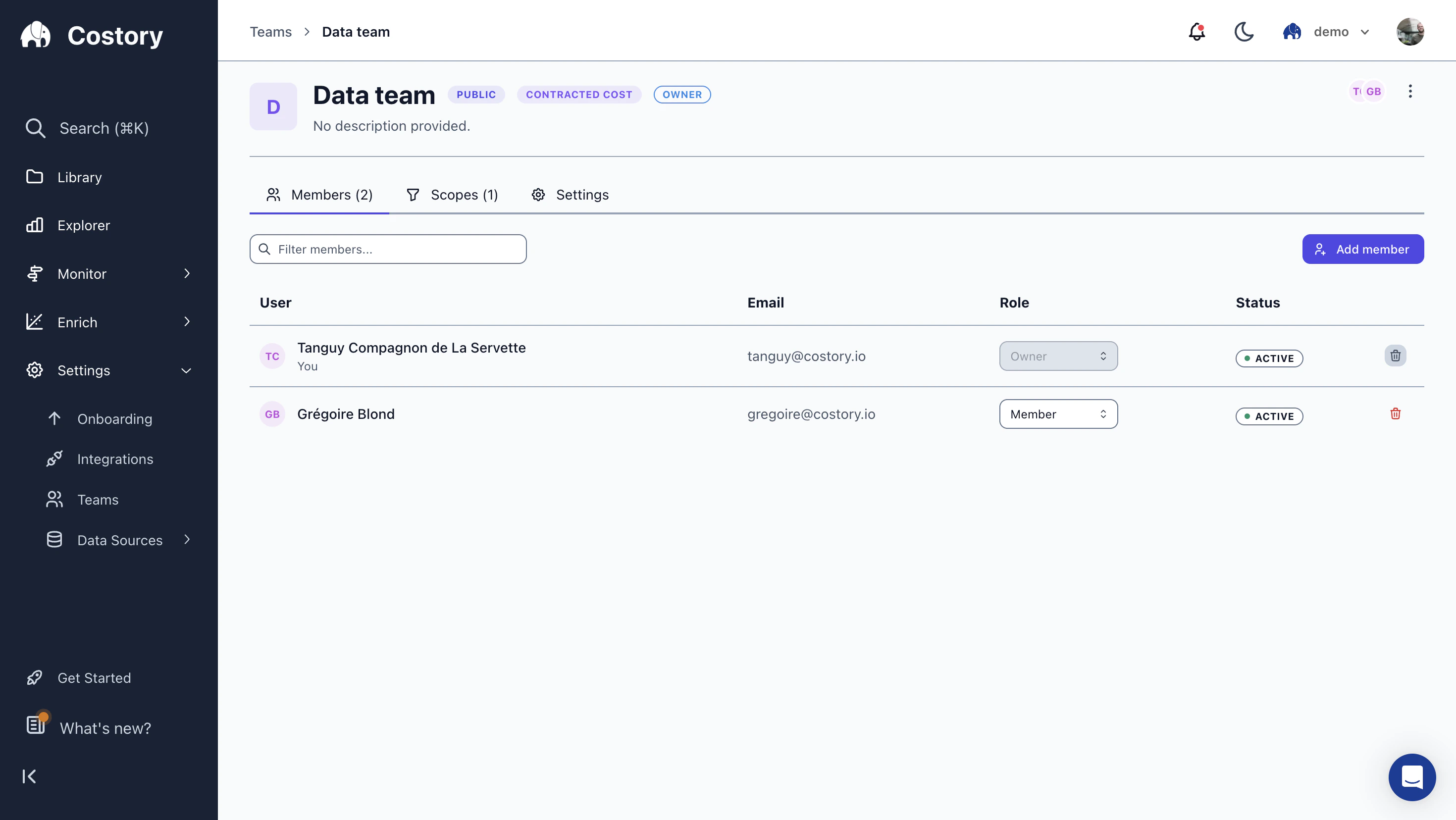 Data team detail page in Costory showing two members with Owner and Member roles, PUBLIC visibility, and Contracted Cost as the default metric