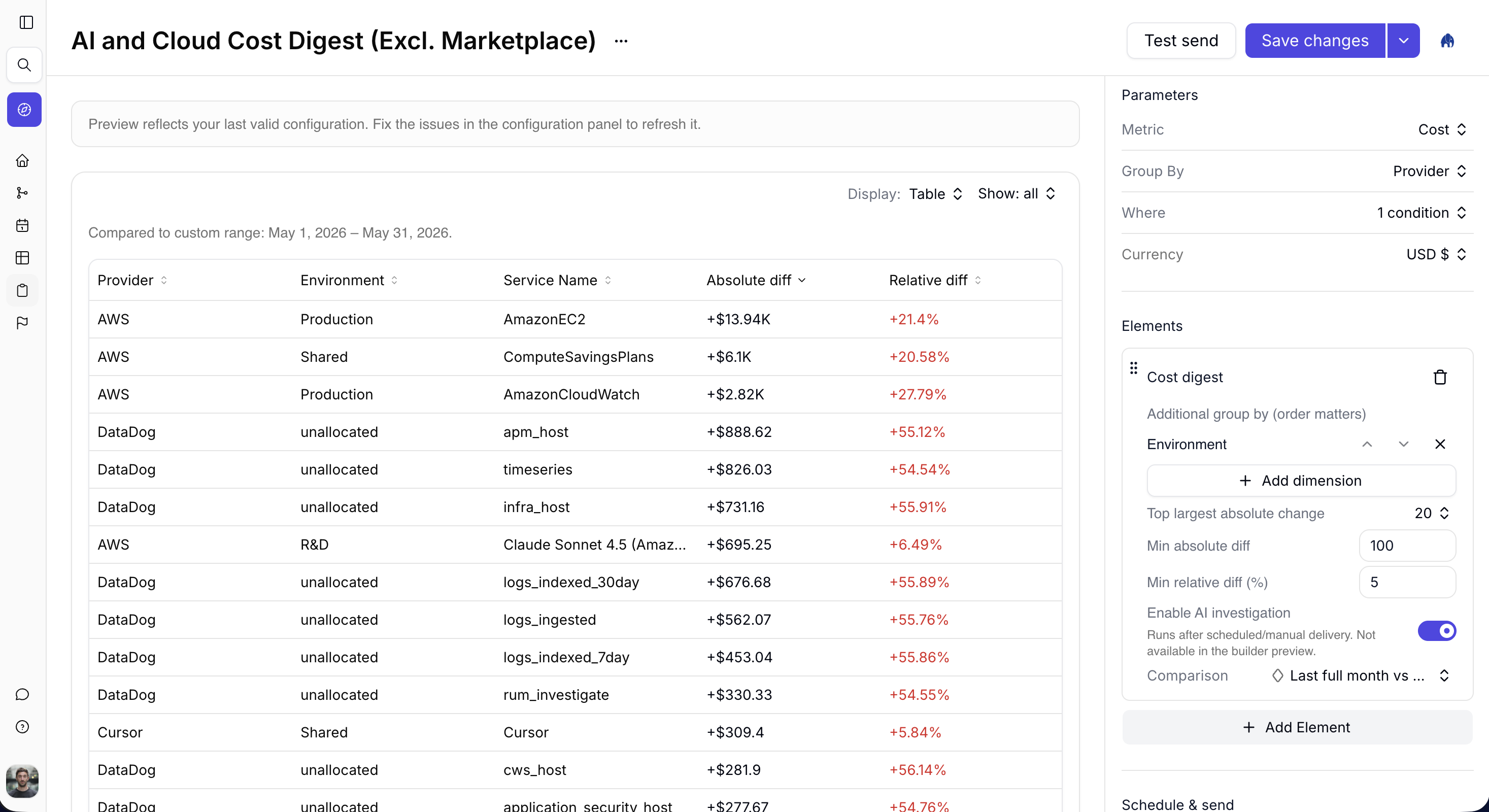 Cost digest Table view listing provider, environment, and service cost changes