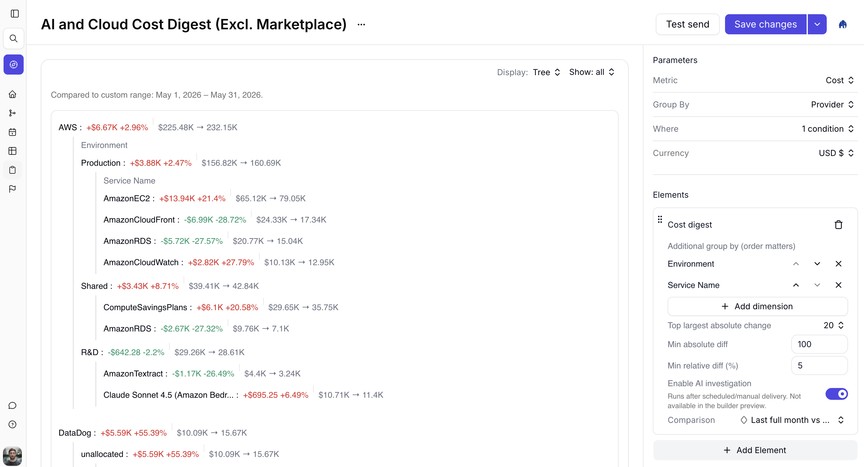 Cost digest Tree view in the report builder for AWS and DataDog cost changes