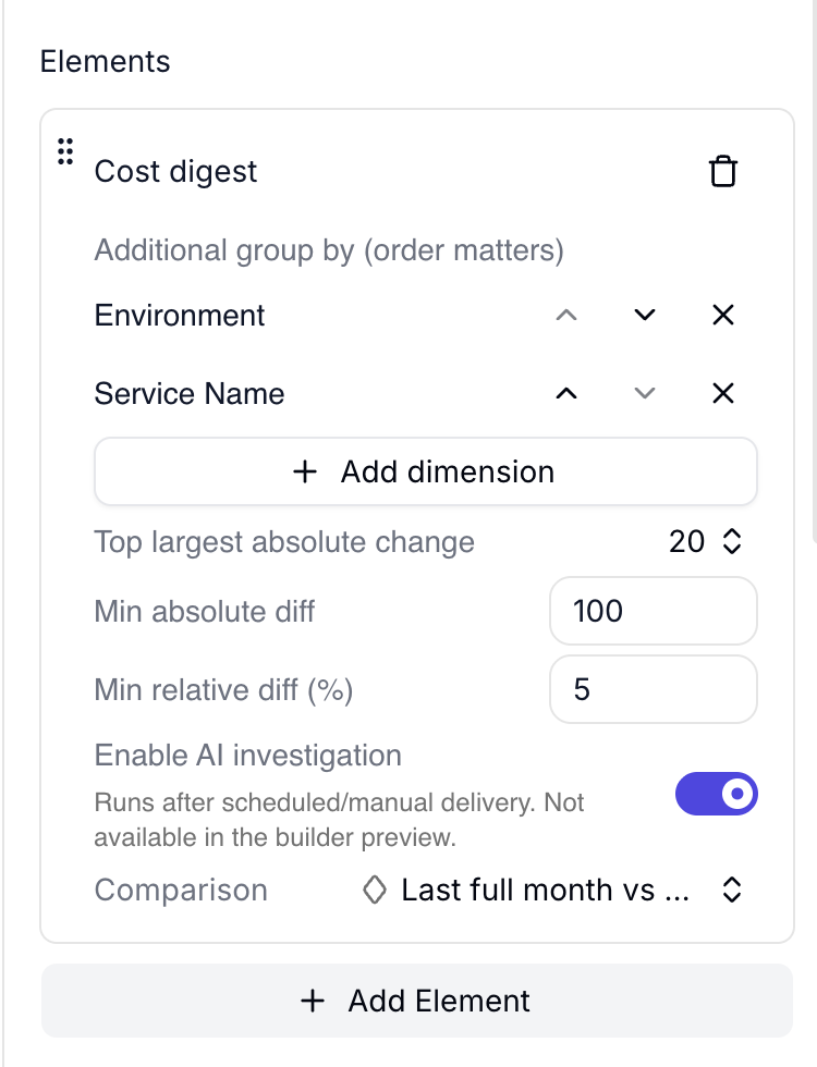 Cost digest element settings showing Environment and Service Name additional group by, thresholds, and AI investigation enabled
