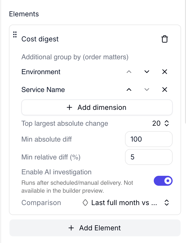 Cost digest element settings showing Environment and Service Name additional group by, thresholds, and AI investigation enabled
