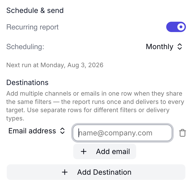 Costory Schedule and send panel with recurring monthly report and email destination
