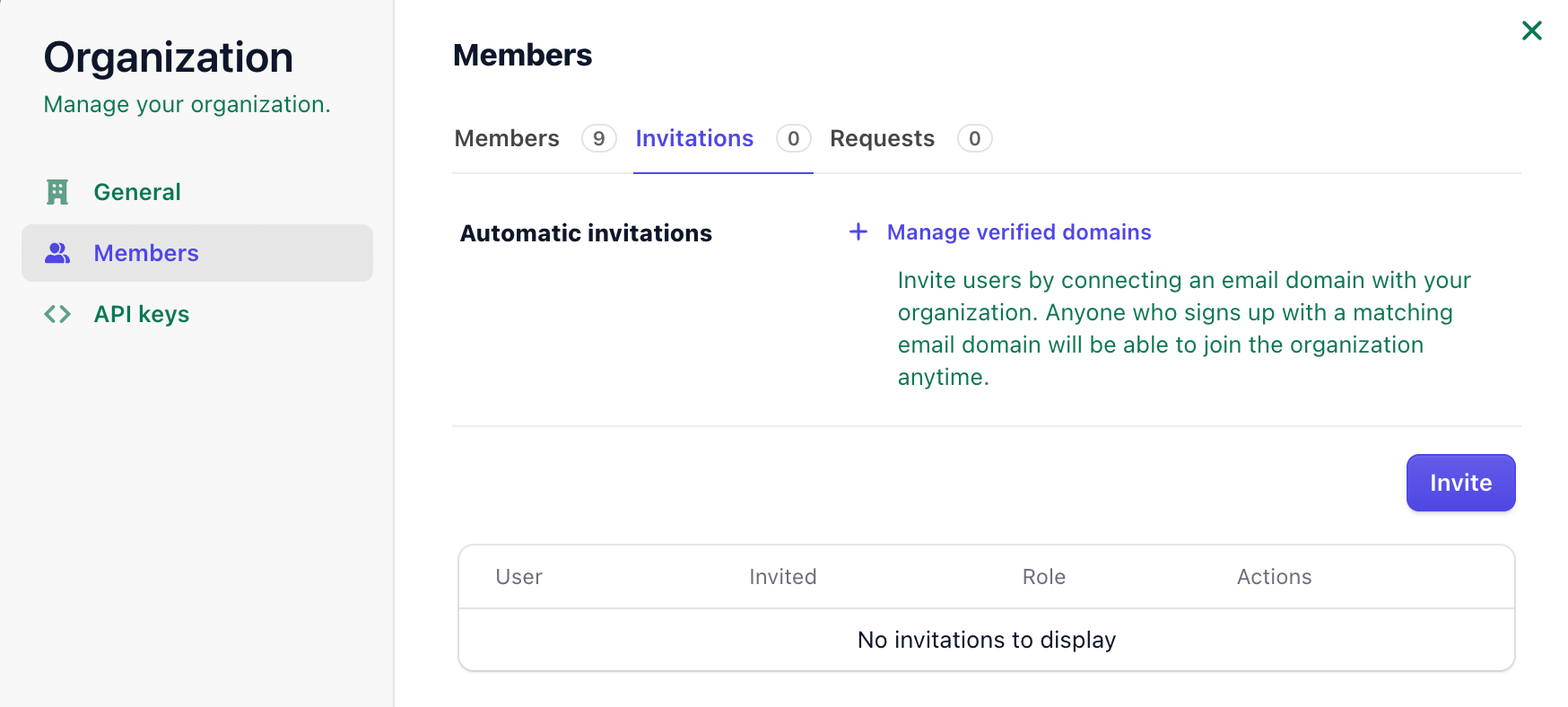 Costory organization settings showing General, Members, API keys, organization profile, verified domains, and leave organization