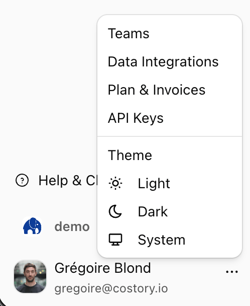 Costory user menu showing Teams, Data Integrations, Plan and Invoices, API Keys, and theme options