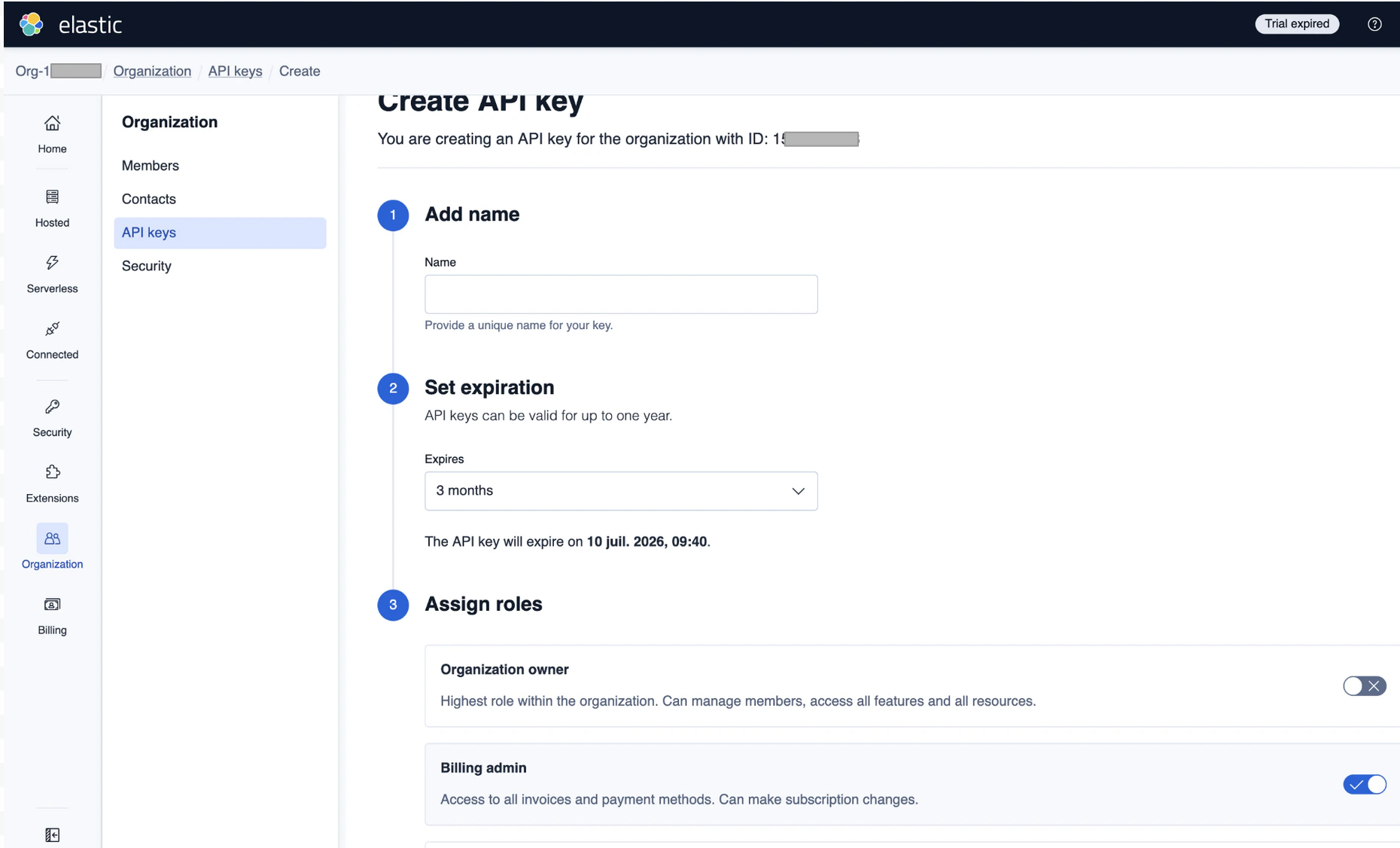 Elastic Cloud console showing organization ID and API key management