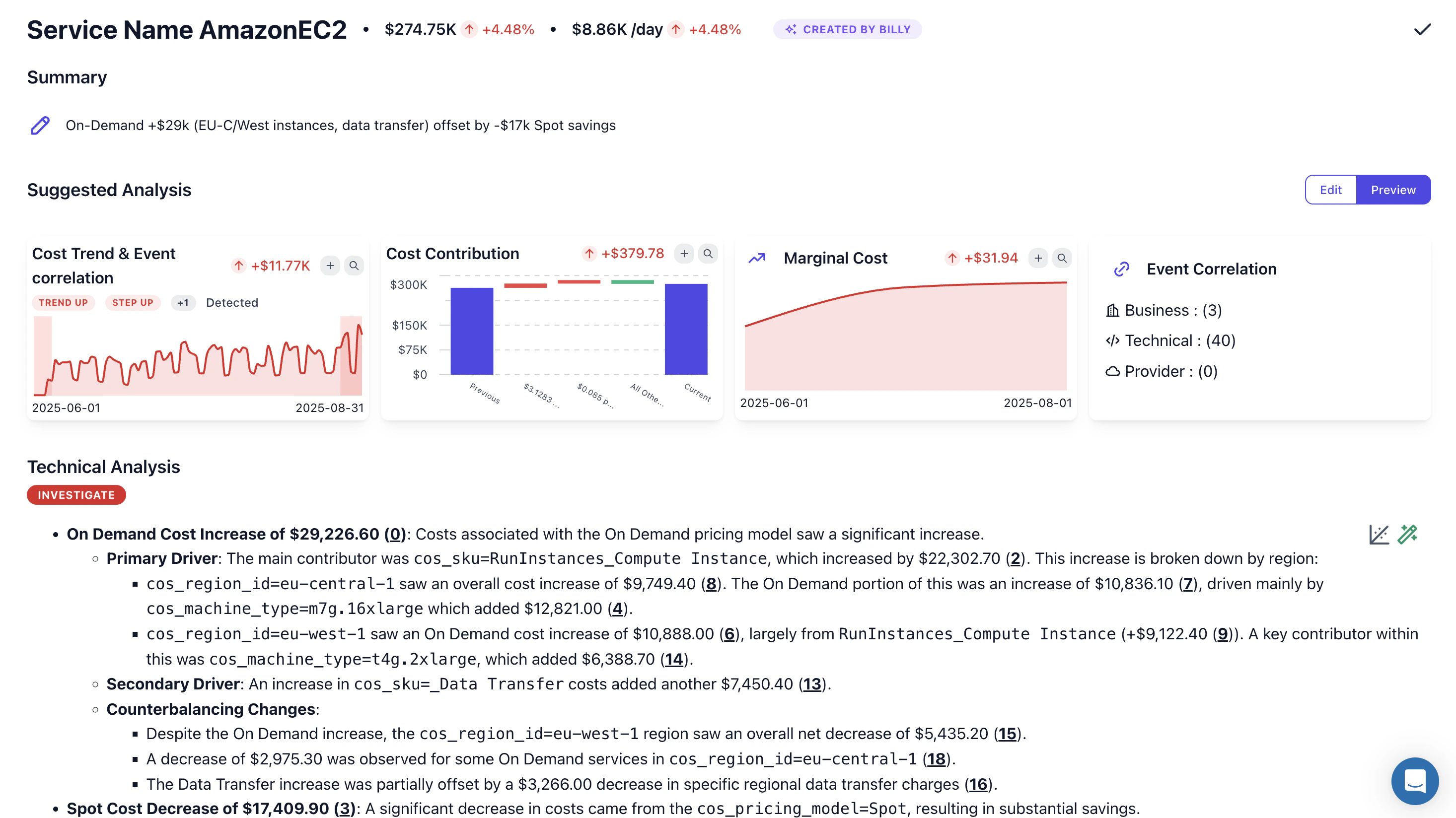Cost change investigation panel showing AI summary, cost trend and event correlation, cost contribution, marginal cost, and detailed technical analysis