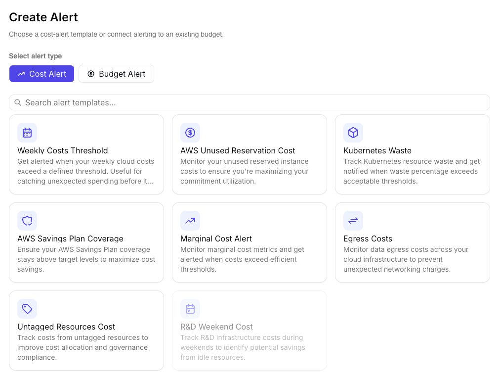 Selecting an alert template in Costory