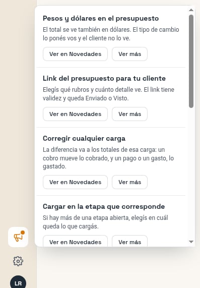 Panel de Novedades abierto con las últimas entradas
