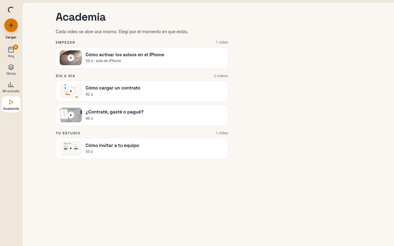 Academia en la compu: el ítem Academia activo en la barra de la izquierda, debajo de Mi estudio, y los videos en Empezar, Día a día y Tu estudio