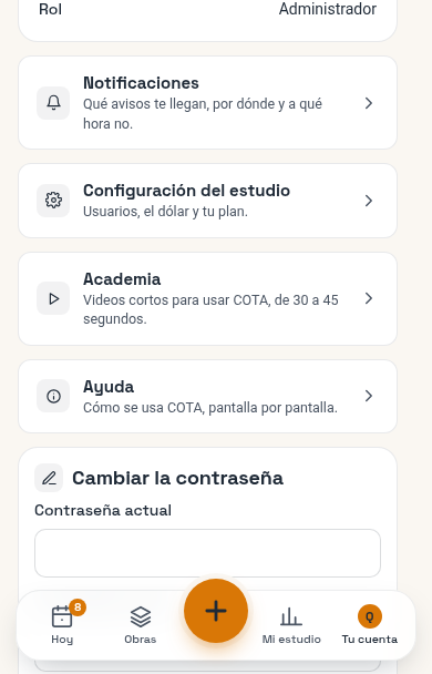 Tu cuenta en el celular: Academia arriba de Ayuda, con «Videos cortos para usar COTA, de 30 a 45 segundos.»