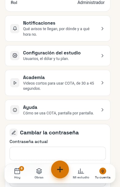 Tu cuenta en el celular: Academia arriba de Ayuda, con «Videos cortos para usar COTA, de 30 a 45 segundos.»