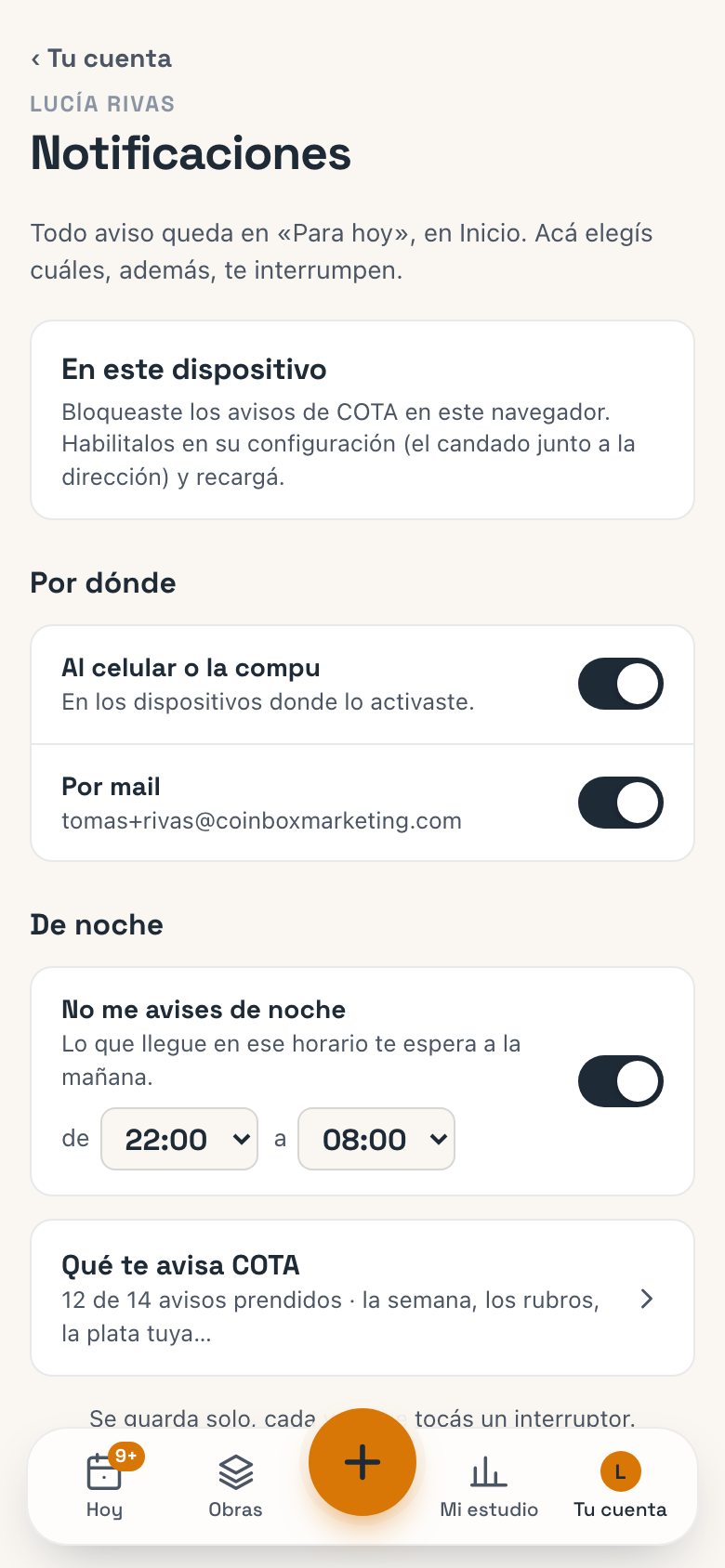 Notificaciones: En este dispositivo, Por dónde, De noche y Qué te avisa COTA