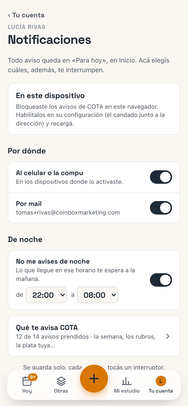 Notificaciones: En este dispositivo, Por dónde, De noche y Qué te avisa COTA