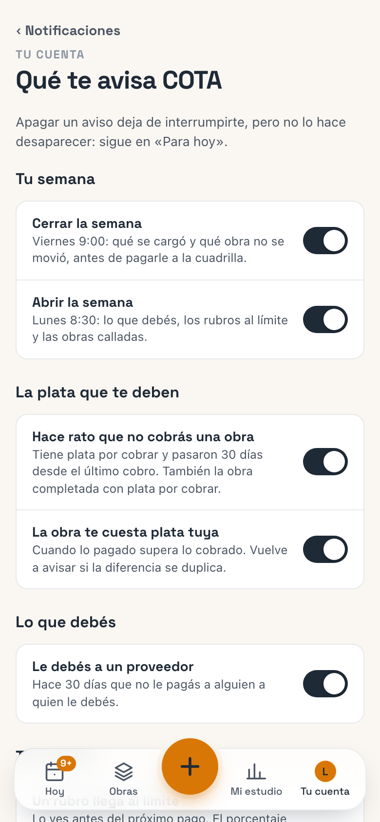 Qué te avisa COTA: un interruptor por aviso, agrupados por tema