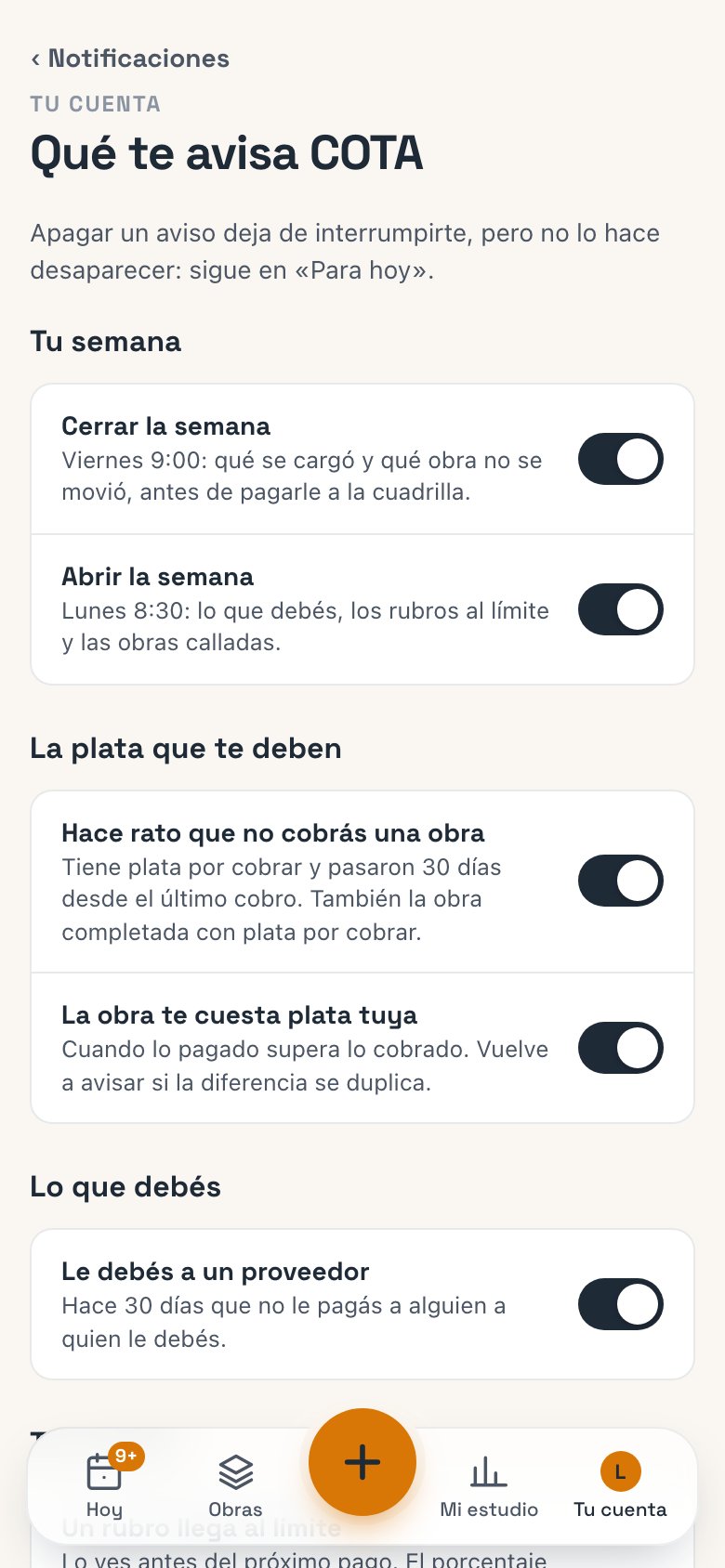 Qué te avisa COTA: un interruptor por aviso, agrupados por tema