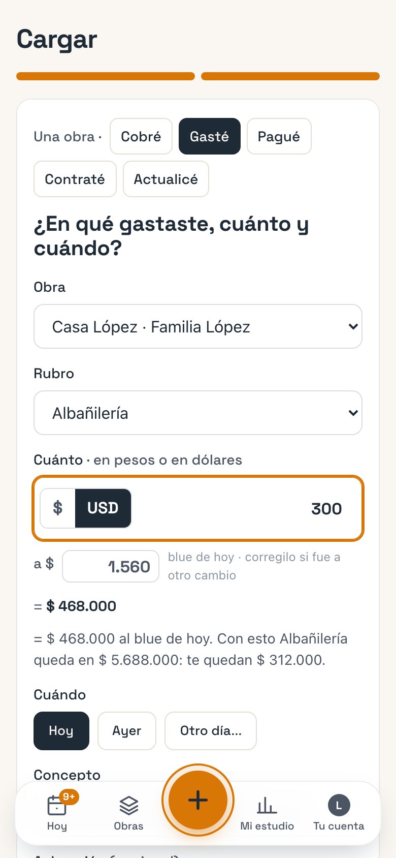 Un monto en USD con el cambio puesto y el equivalente en pesos