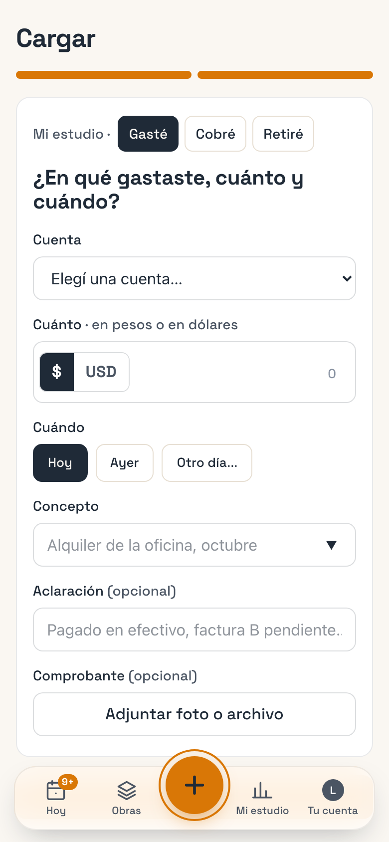 Cargar un gasto del estudio con la cuenta elegida