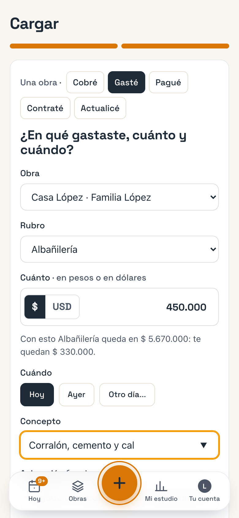 Cargar un gasto: el rubro elegido y el eco debajo del monto
