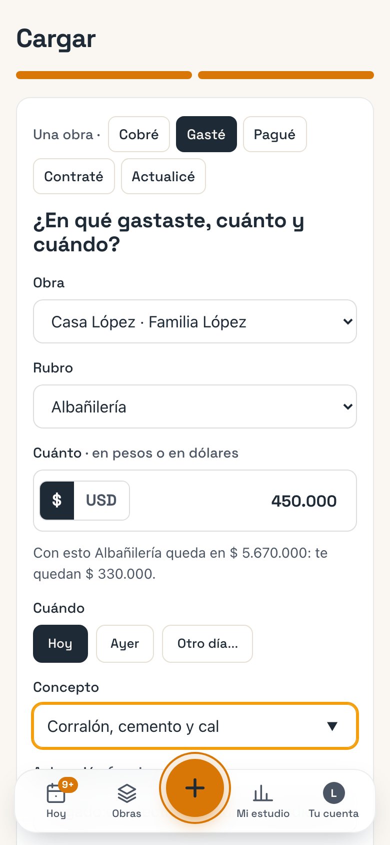 Cargar un gasto: el rubro elegido y el eco debajo del monto