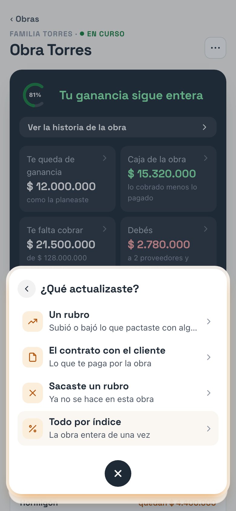 El menú ¿Qué actualizaste? con Un rubro, El contrato con el cliente, Sacaste un rubro y Todo por índice