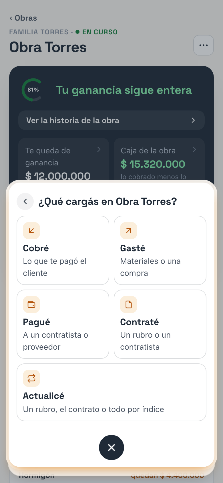El menú de Cargar dentro de Obra Torres: Cobré, Gasté, Pagué, Contraté y Actualicé