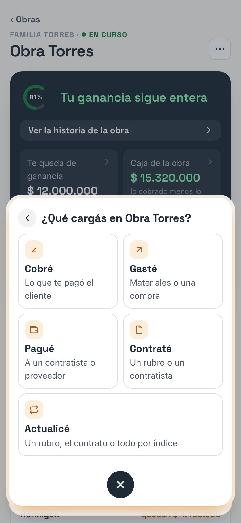 El menú de Cargar dentro de Obra Torres: Cobré, Gasté, Pagué, Contraté y Actualicé