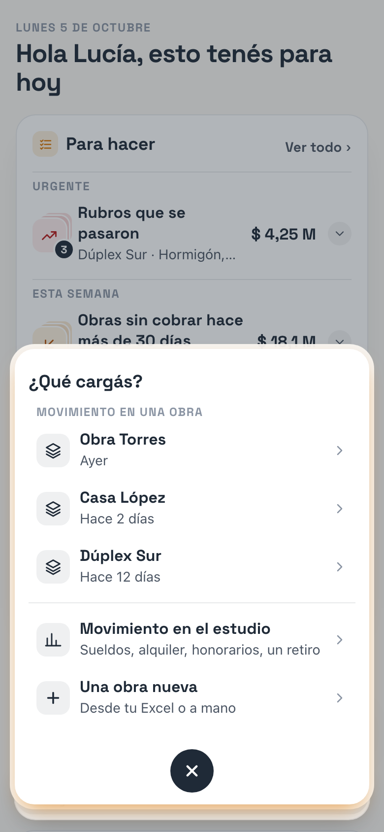 El menú de Cargar abierto en el celular: ¿Qué cargás?