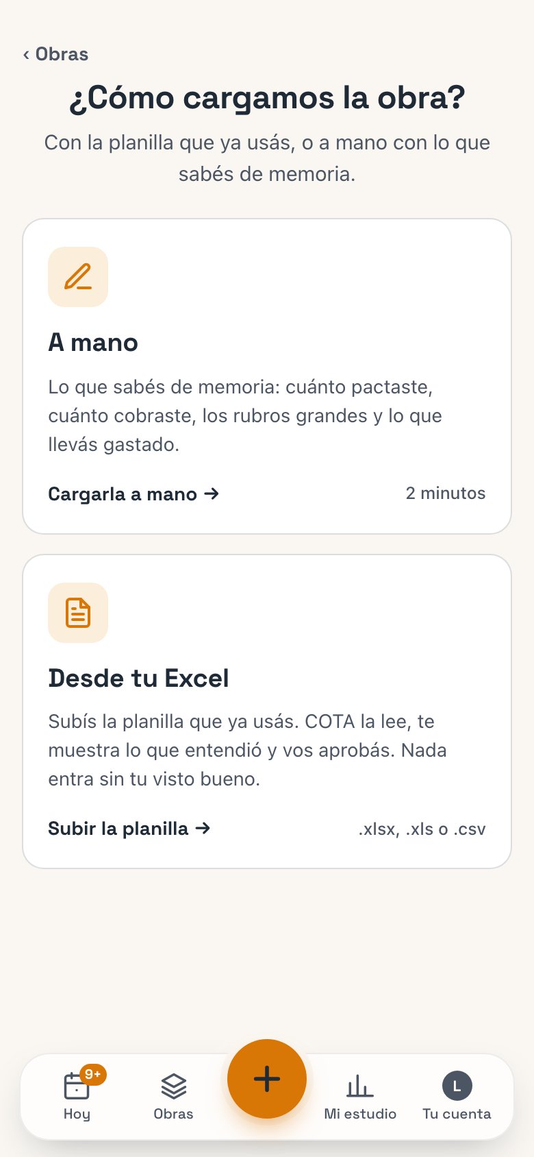 Las dos puertas para cargar la primera obra: A mano y Desde tu Excel