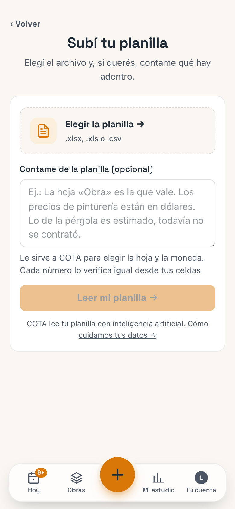 Subí tu planilla: elegir el archivo y contarle a COTA qué hay adentro